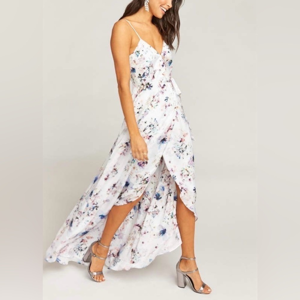 NEW Show Me Your Mumu Bouquet Beauty Satin V-Neck, High-Low Mariah Wrap Dress, S